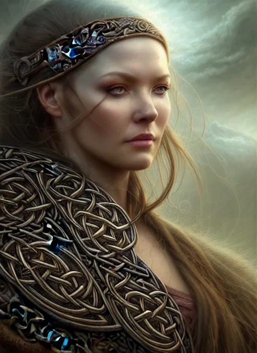 Prompt: closeup portrait shot of a celtic woman in a scenic dystopian environment, intricate, elegant, highly detailed, centered, digital painting, artstation, concept art, smooth, sharp focus, illustration, artgerm, tomasz alen kopera, peter mohrbacher, donato giancola, joseph christian leyendecker, wlop, boris vallejo