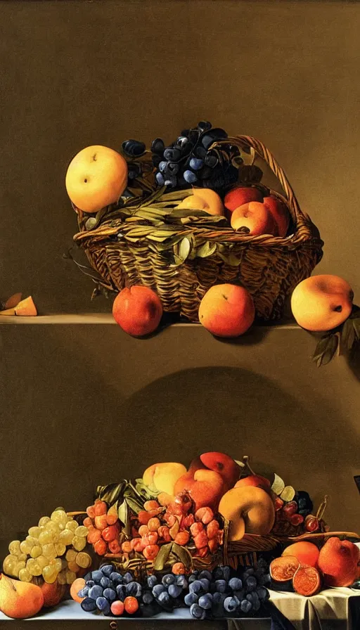 Prompt: hyperrealistic still life painting of Donald Trump with a basket of fruit by Caravaggio, botanical print