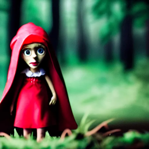 Image similar to a cinematic film still of a claymation stop motion film starring emma watson as little red riding hood, looking at big wild wolf, shallow depth of field, 8 0 mm, f 1. 8