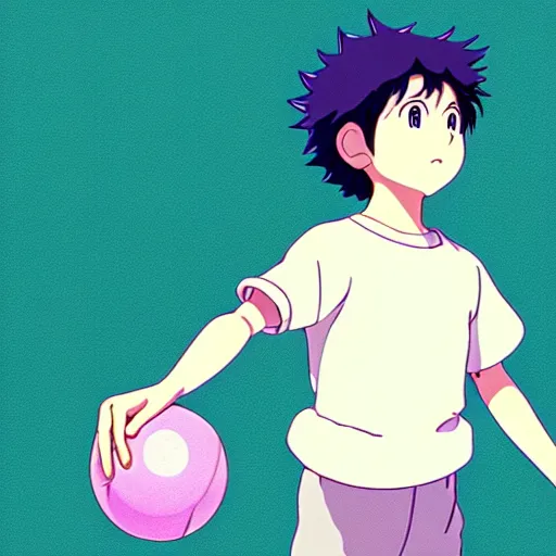 Image similar to a young boy with ball with a pastel aesthetic, studio ghibli, character design, fantasy, 8 k resolution