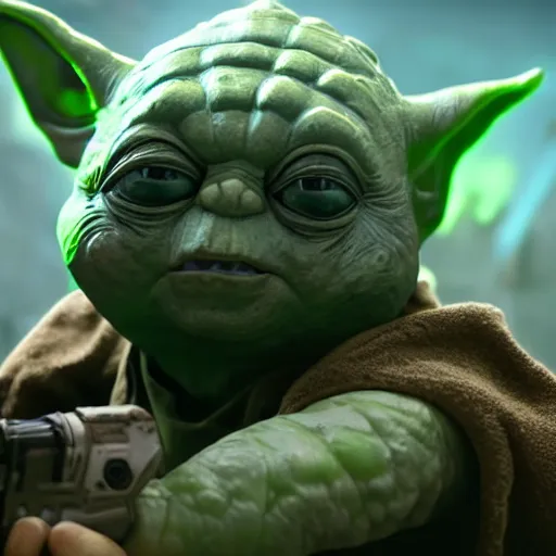 Image similar to yoda as pickle rick in gears of war, splash art, movie still, cinematic lighting, dramatic, octane render, long lens, shallow depth of field, bokeh, anamorphic lens flare, 8 k, hyper detailed, 3 5 mm film grain