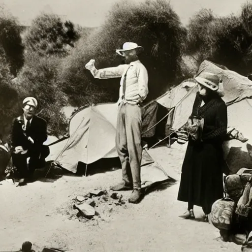 Prompt: English gentleman silent movie star performs monologue to archaeologist expedition audience at dig site in Egypt to distract them while his accomplishes sneak into expedition leader's tent. set in 1920s