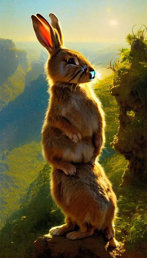 Prompt: hyper realistic rabbit looking off of a cliff, sun setting behind rabbit, lush forest in valley below, painted by james gurney, gaston bussiere, craig mullins, j. c. leyendecker 8 k