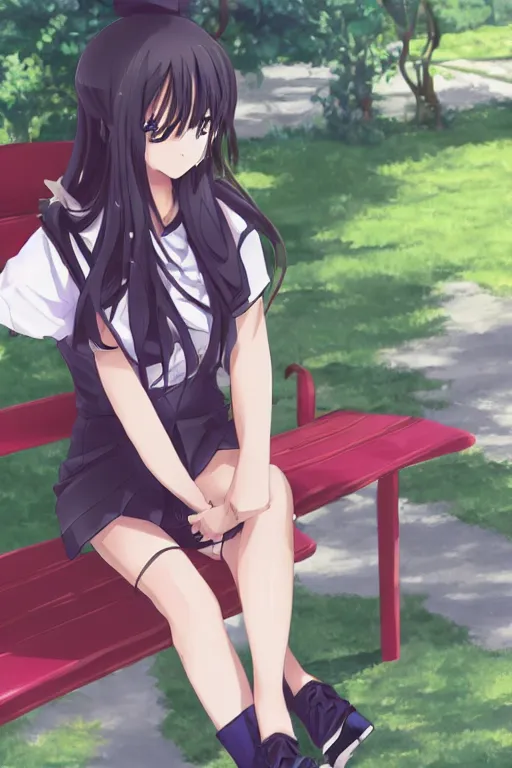 Prompt: anime girl sitting on a bench