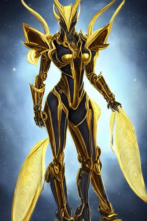 Image similar to intricate high detailed elegant beautiful stunning quality cosmic huge giantess hot female warframe anthro mecha female dragon goddess, gold body, sleek metal ears, sleek eyes, smooth blue skin, sleek gold armor, bigger than galaxy, epic proportions, epic scale, epic size, warframe destiny, furry, dragon art, goddess, giantess, furaffinity, octane