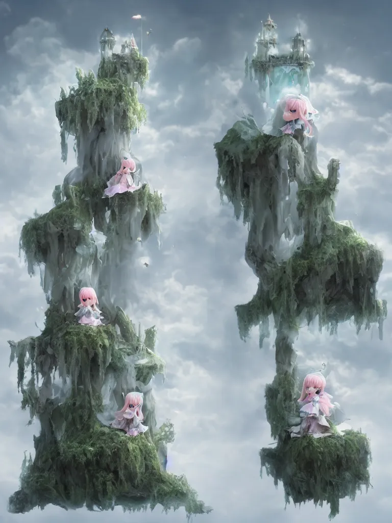 Image similar to cute fumo plush of a princess girl in a tower on a tiny island which she lays sole claim to, selfish empress of the abyss, tempestuous waters and thunderclouds, wisps of volumetric smoke and fog, gothic wraith maiden in tattered white dress, floating island, vignette, vray