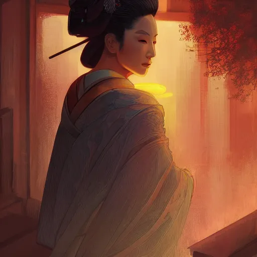 Image similar to portrait of geisha, atmospheric lighting, painted, intricate, volumetric lighting, beautiful, rich deep colours masterpiece, sharp focus, ultra detailed, in the style of Dan Mumford and marc simonetti, futuristic temple in the background,