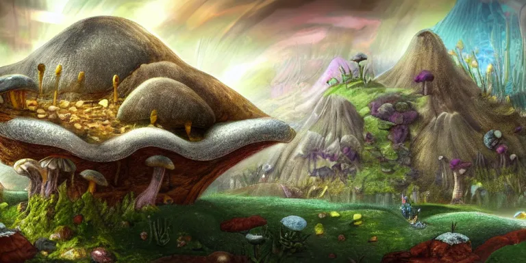 Image similar to a crystal and mushroom ridden world, extinct species, epic land formations, detailed, wide shot,