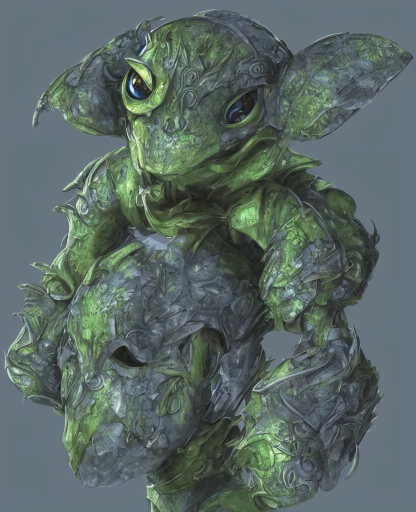 Prompt: fantasy, symmetrical beautiful face, front view, female alien creature, plant armour, wide simple horned insect head piece covering forehead, button nose, full lips, large cute anime eyes, stylised, torso and head, bust, 3 d animation style, pixar, realistic 3 d rendering, global illumination, subsurface scattering, rim light,