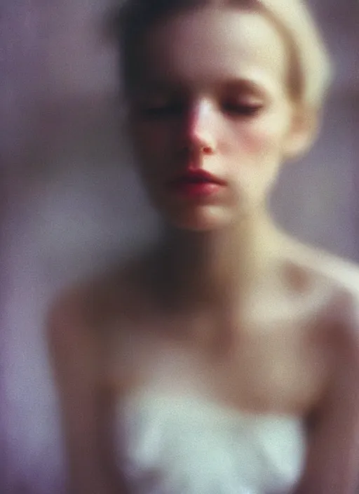 Prompt: out of focus photorealistic portrait of a beautiful!!! aesthetic!!! pale woman by saul leiter, very blurry, translucent white skin, closed eyes, foggy