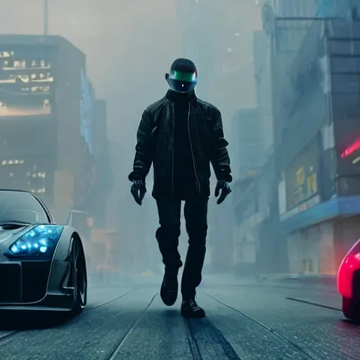 Image similar to cyberpunk street racer wearing black jacket standing next to red Lan Evo X 2077 FRS GTR R35 S15 NSX scene from Bladerunner 2049 Roger Deakins Cinematography movie still 2017