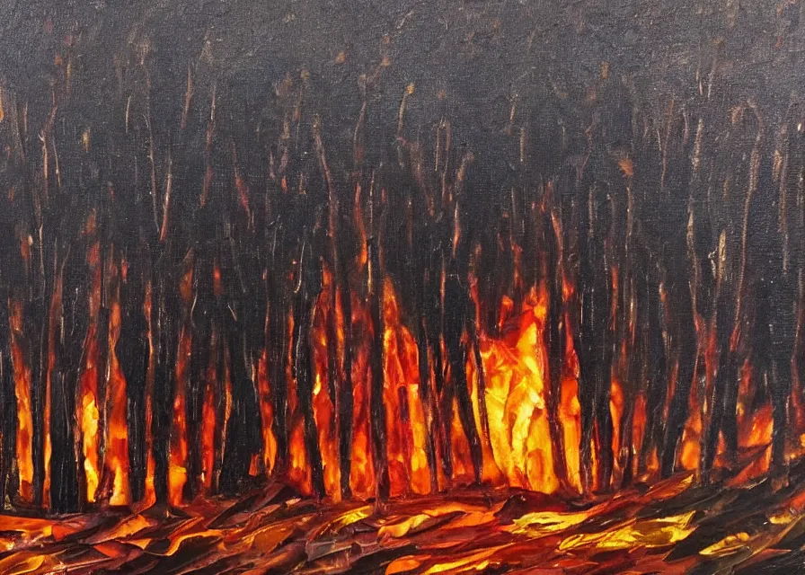 Image similar to black church on fire in a dark spikey forest, oil painting