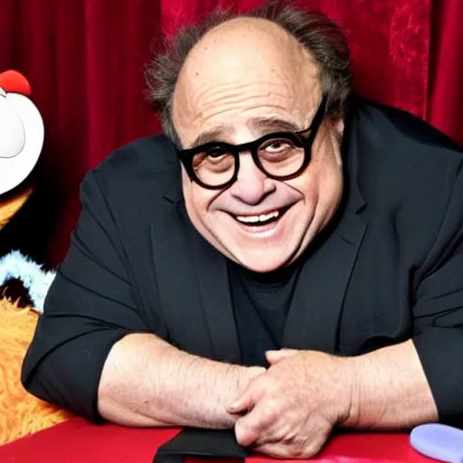 Prompt: Danny devito is afraid of muppets