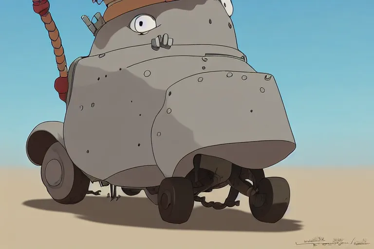 Image similar to a study of a cell shaded cartoon of a grey mechanized puppy from howl's moving castle ( 2 0 0 4 ), on a desert road, full body, wide shot, very muted colors, post grunge, studio ghibli, laurie greasley, highly detailed, deviantart, art by artgem