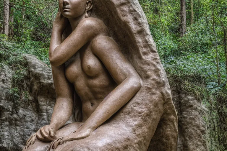 Prompt: high quality beauty statue sitting at the entrance of a huge cave in the middle of a forrest, highly detailed, cinematic smooth, stephen shore & john j. park, soft morning light, wide shot, high angle, uhd 8 k, deep focus