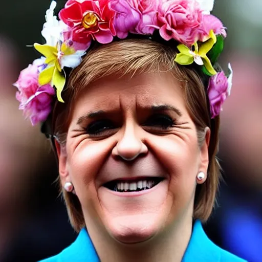 Image similar to nicola sturgeon, happy, with a flower crown