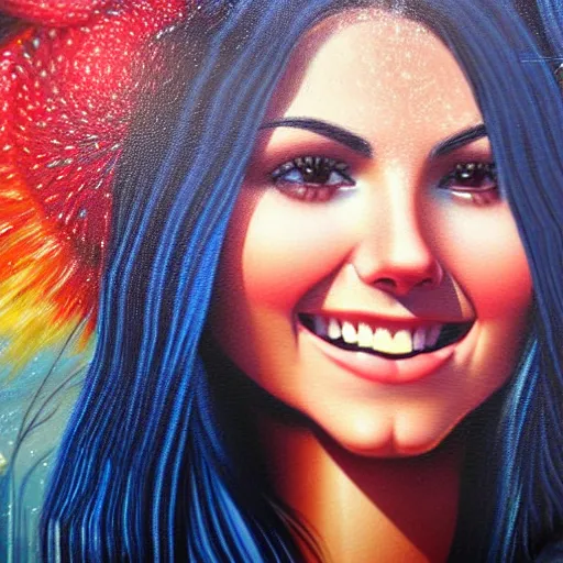 Prompt: a photorealistic detailed cinematic upclose image portrait of victoria justice in tshirt and jean shorts. powerful, triumph, glory, astonishing, met by friends and family, overjoyed, by pinterest, david a. hardy, kinkade, lisa frank, wpa, public works mural, socialist