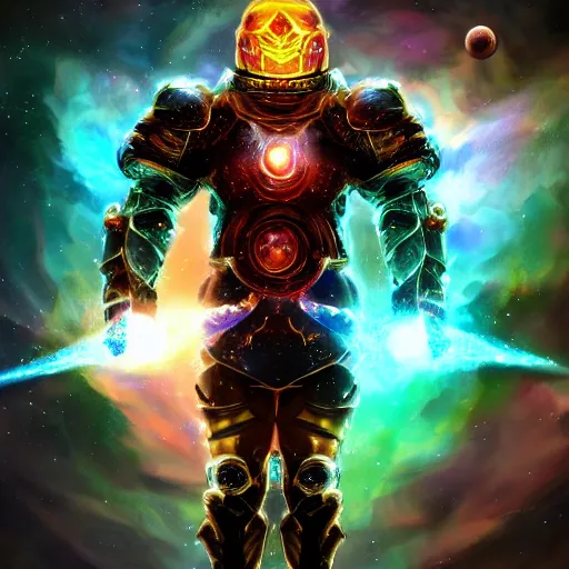 Image similar to photorealistic fantasy cosmic concept art of a cosmic god with armor made out of planets and dark matter, hovering in a unknown galaxy, fully body portrait, cinematic, dynamic lighting, ultra detailed, creative, trending on art station, stunning visuals, creative