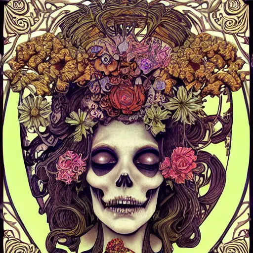 Image similar to detailed rotten woman skull corpse with fractal plants and fractal flowers and mushrooms growing around, symmetrical, ornate, ornamentation, illustration, in the style of art nouveau, mucha