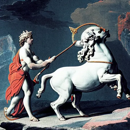 Image similar to mithras slaying the cosmic bull, as depicted by jacques - louis david