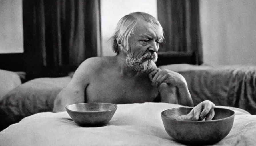 Prompt: 1 9 6 0 s movie still by tarkovsky of an elder socrates drinking a hemlock bowl on a bed in a room with collumns, cinestill 8 0 0 t 3 5 mm b & w, high quality, heavy grain, high detail, panoramic, ultra wide lens, cinematic composition, dramatic light, anamorphic, raphael style, piranesi style