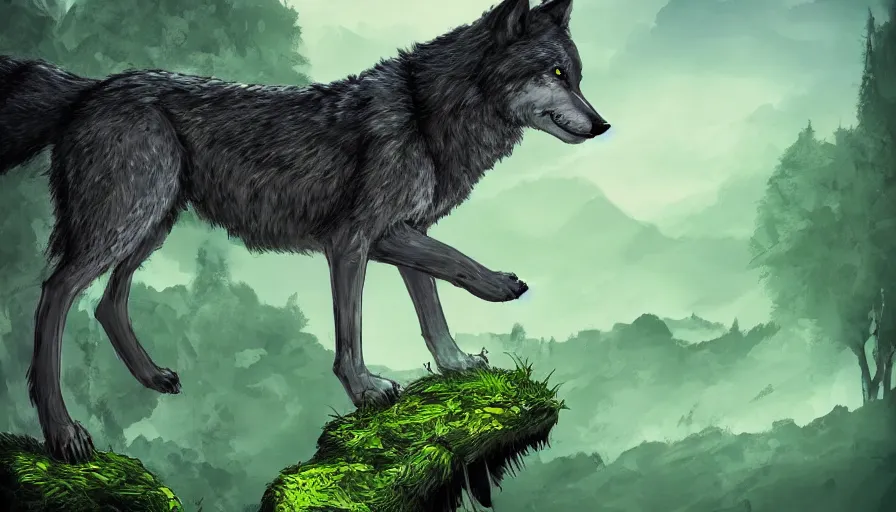 Image similar to digital art, trending on artstation, a wolf on a beautiful green mountain watching a horrible zombie city