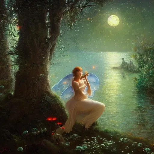 Image similar to attractive, fairy, woman, in the night, fantasy, crescent moon in background, luminous, toadstools, fireflies, fantasy, mist, highly detailed painting by gaston bussiere, craig mullins, j. c. leyendecker, mid shot, 8 k realistic, sharp focus