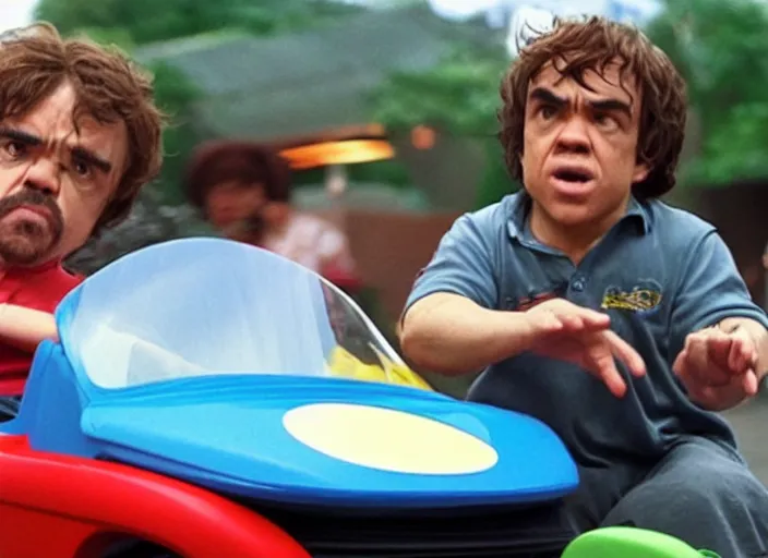 Image similar to peter dinklage racing against gary coleman driving a little tikes cozy coupe, movie still, from the new tokyo drift movie, 8 k, realistic