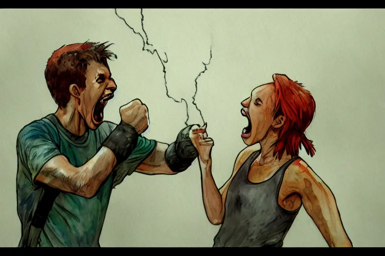 Image similar to screaming match, film photography watercolored misty artstation 8k