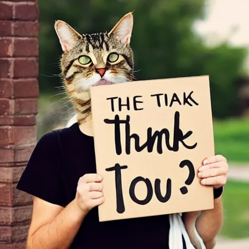 Prompt: a cute tabby cat holding a sign that says