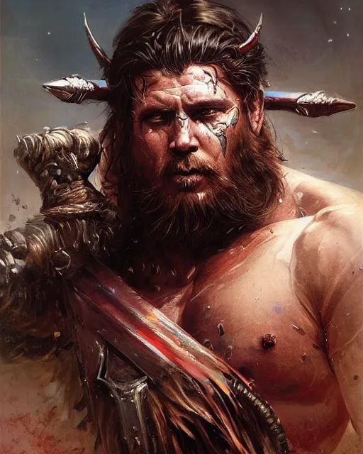 Image similar to Official photo of a majestic fierce barbarian man, leader, strong, highly detailed, cinematic, 16k, 1080s, by Stanley Artgermm, Tom Bagshaw, Greg Rutkowski, Vincent di Fate, Carne Griffiths, Ayami Kojima, WLOP, trending on DeviantArt, hyper detailed, full of color, digital art,