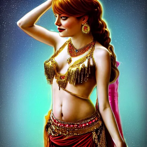 Image similar to a photorealistic portrait of actress emma stone dressed as a belly dancer, arabian night, high quality, fully detailed, 4 k, in focus sharp face with fine details, realistic hands and anatomical composition, inspired by belly dancer on youtube, alphonse mucha, masterpiece, stunning