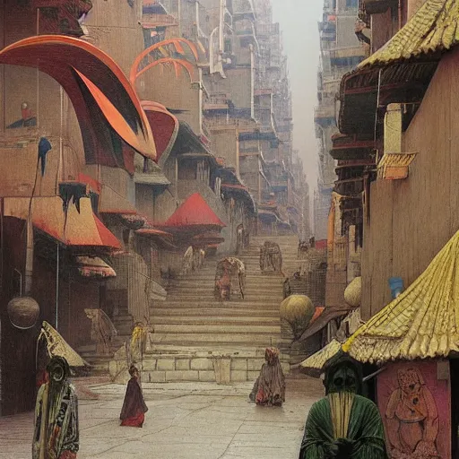 Prompt: art deco streets of the Undying Empire city of ya-Sattra during the Festival of Masks, award-winning realistic painting by Beksinski, Bruegel, Greg Rutkowski, Alphonse Mucha, and Yoshitaka Amano