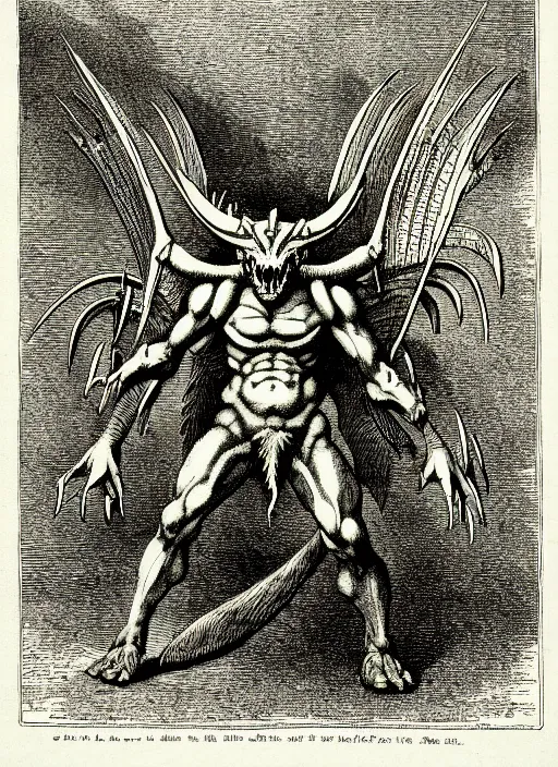 Image similar to illustration of greymon as a demon from the dictionarre infernal, etching by louis le breton, 1 8 6 9, 1 2 0 0 dpi scan, ultrasharp detail, clean scan