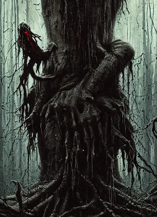 Image similar to highly detailed horror movie poster with angry creepy keanu reeves as a tree, keanu reeves faces in the bark of many trees sentient leafy catastrophe by greg rutkowski, masterpiece, really funny, 1 0 / 1 0 creepy