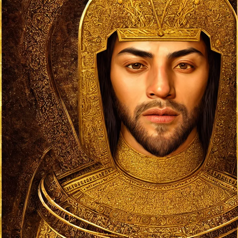 Image similar to highly detailed portrait of agharta ´ s king brightening on gold majestic in the entrance kingdom of agharta, land of advanced races, giant, hollow earth infographic, hiperrealistc, global illumination, radiant light, detailed and intricate environment, trending on artstation, art by oleg oprisco, 8 k