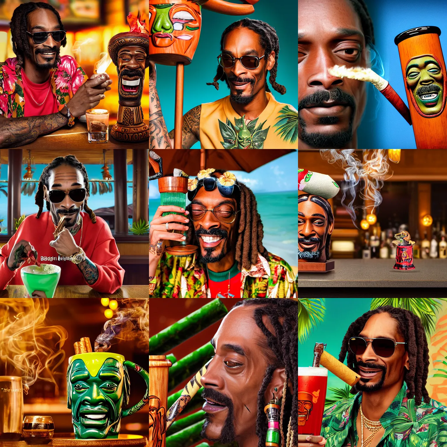 Prompt: a closeup photorealistic photograph of happy blunt smoking snoop dogg at trader vic's bar sitting next to a trader vic's style tiki mug featuring snoop dogg's face. tiki culture. bright scene. 4 k hd image that's trending on artstation, featured on behance, well rendered, extra crisp, features epic composition and the style of unreal engine.