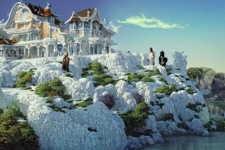 Image similar to an oriental palace made of immaculate white stones that emit light planted at the edge of a waterless ocean under a twilight light, blue sky without clouds, people angling at the edge, crystalline rock, pastel shades, style of michael whelan