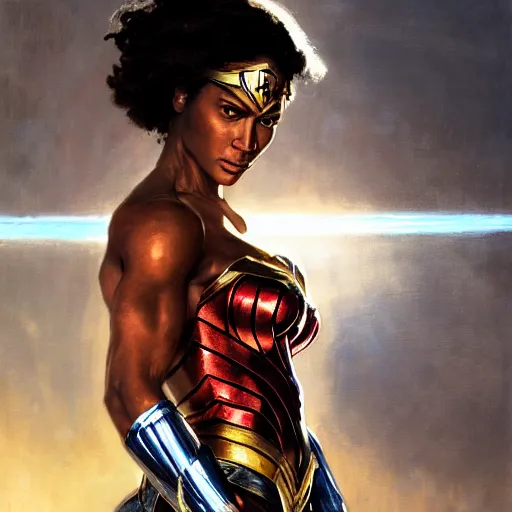 Image similar to : beautiful portrait of black wonder woman, bodybuilder posing, radiant light, caustics, war hero, metal gear solid, by gaston bussiere, bayard wu, greg rutkowski, giger, maxim verehin