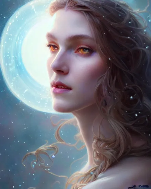 Image similar to realistic portrait of a beautiful white witch, bright, beautiful, heroic pose, beautiful face, magic, full body, dramatic lighting, intricate, wild, highly detailed, digital painting, artstation, concept art, smooth, sharp focus, illustration, art by artgerm and greg rutkowski and alphonse mucha, footage from space camera