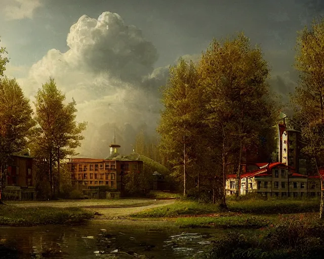 Image similar to beautiful matte painting of cute soviet block of flats hrushevka in end of forest by ivan shishkin