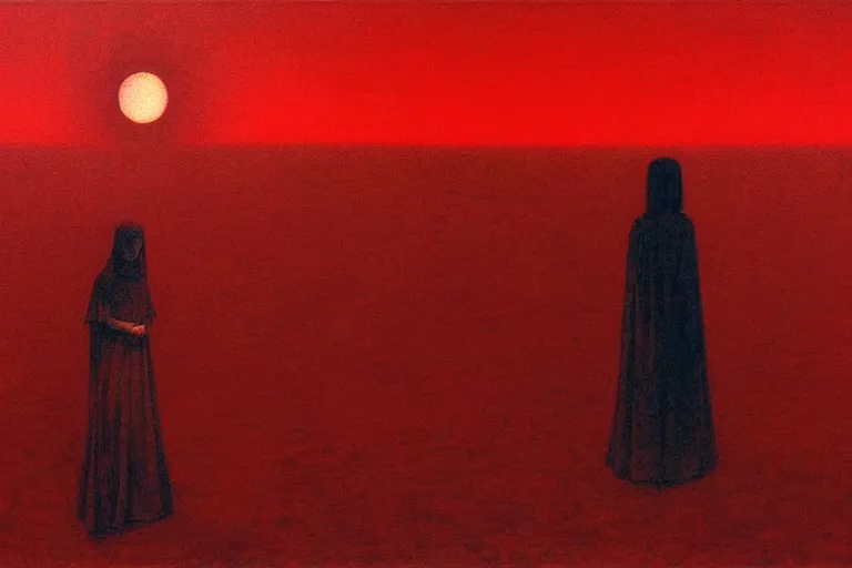 Image similar to only with red, a red shinigami eat apple, mars in background, an ancient path, in the style of beksinski, part by hopper, part by rodcenko, part by hofbauer, intricate composition, red by caravaggio, insanely quality, highly detailed, masterpiece, red light, artstation