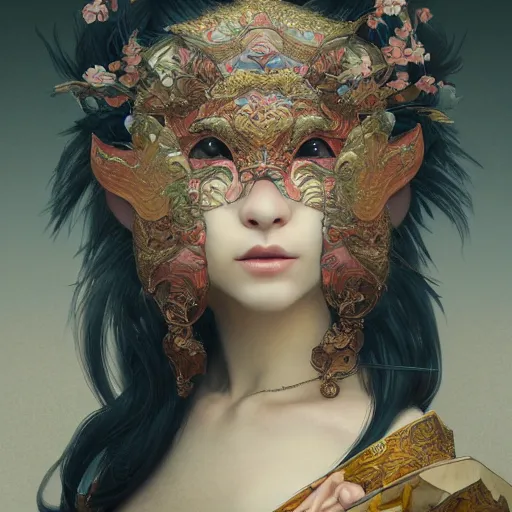 Prompt: a photorealistic dramatic fantasy render of a beautiful woman wearing a beautiful intricately detailed japanese monkey kitsune mask and clasical japanese kimono by wlop, artgerm, greg rutkowski, alphonse mucha, beautiful dynamic dramatic dark moody lighting, shadows, cinematic atmosphere, artstation, concept design art, octane render, 8 k