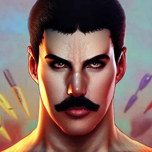 Image similar to ultra realistic freddy mercury as ryu from street fighter, portrait, 4 k, ultra realistic, detailed focused art by artgerm and greg rutkowski and alphonse mucha