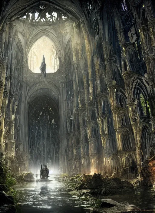 Image similar to medieval adventurers in lord of the rings scenery landscape, inside an enormous overgrown cathedral made of bones, water, reflections, magic portal,, highly detailed, cinematic lighting, vivid colors, perfect composition, 4 k, gustave dore, derek zabrocki, greg rutkowski, belsinski, octane render