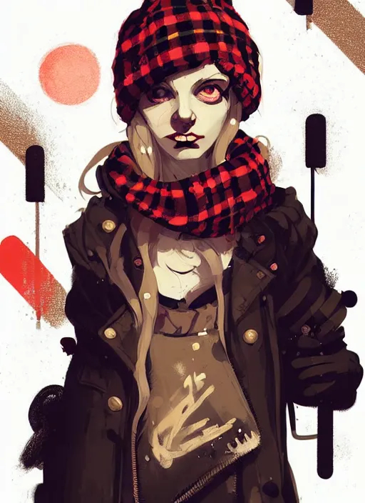 Prompt: highly detailed portrait of a sewer punk lady student, beanie, tartan scarf, wavy blonde hair by atey ghailan, by greg rutkowski, by greg tocchini, by james gilleard, by joe fenton, by kaethe butcher, gradient red, black, brown and cream color scheme, grunge aesthetic!!! graffiti tag wall background