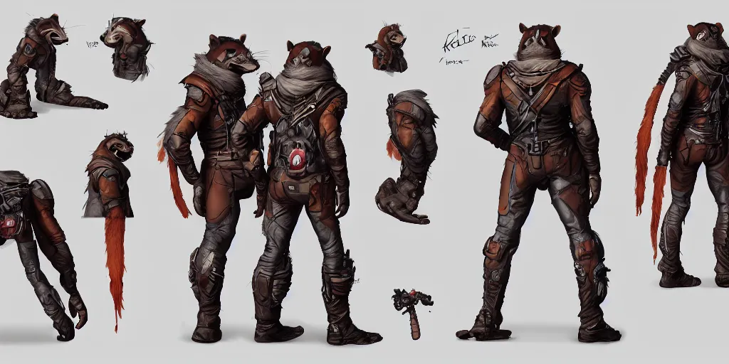 Image similar to rocket raccoon, character sheet, concept design, contrast, hot toys, kim jung gi, greg rutkowski, zabrocki, karlkka, jayison devadas, trending on artstation, 8 k, ultra wide angle, pincushion lens effect