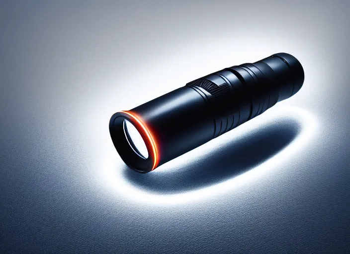 Prompt: futuristic flashlight ( designed by porsche ), xf iq 4, 1 5 0 mp, 5 0 mm, f / 1. 4, iso 2 0 0, 1 / 1 6 0 s, natural light, octane render, adobe lightroom, rule of thirds, symmetrical balance, depth layering, polarizing filter, sense of depth, ai enhanced