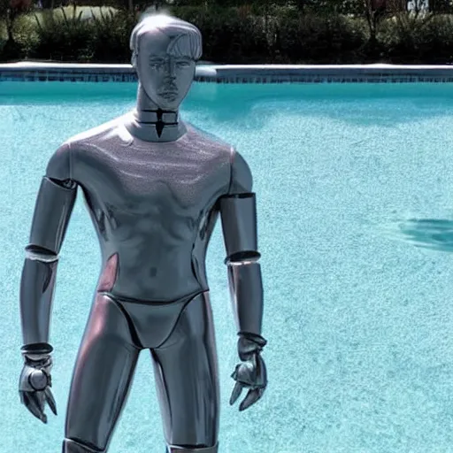 Image similar to a realistic detailed photo of a guy who is an attractive humanoid who is half robot and half humanoid, who is a male android, wrestler nick suriano, shiny skin, posing like a statue, blank stare, by the pool, on display, showing off his muscles, humanoid robot, frozen ice statue