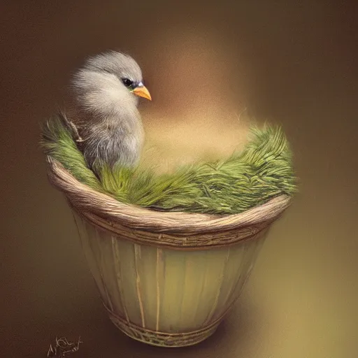 Image similar to long shot of a very fluffy sparrow chick nesting in a floral cup, esao andrews, by m. w. kaluta, by artgerm, humorous illustration, hyperrealistic, tilt shift, warm colors, night scenery, low light, 3 d octane render, 4 k, volumetric lights, smooth, cosy atmosphere, conceptart, hyperdetailed, trending on deviantart